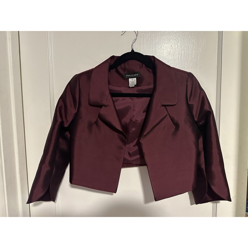 Frascara Cropped Metallic Burgundy Red Evening Jacket Size 2 Silk Wool Blend